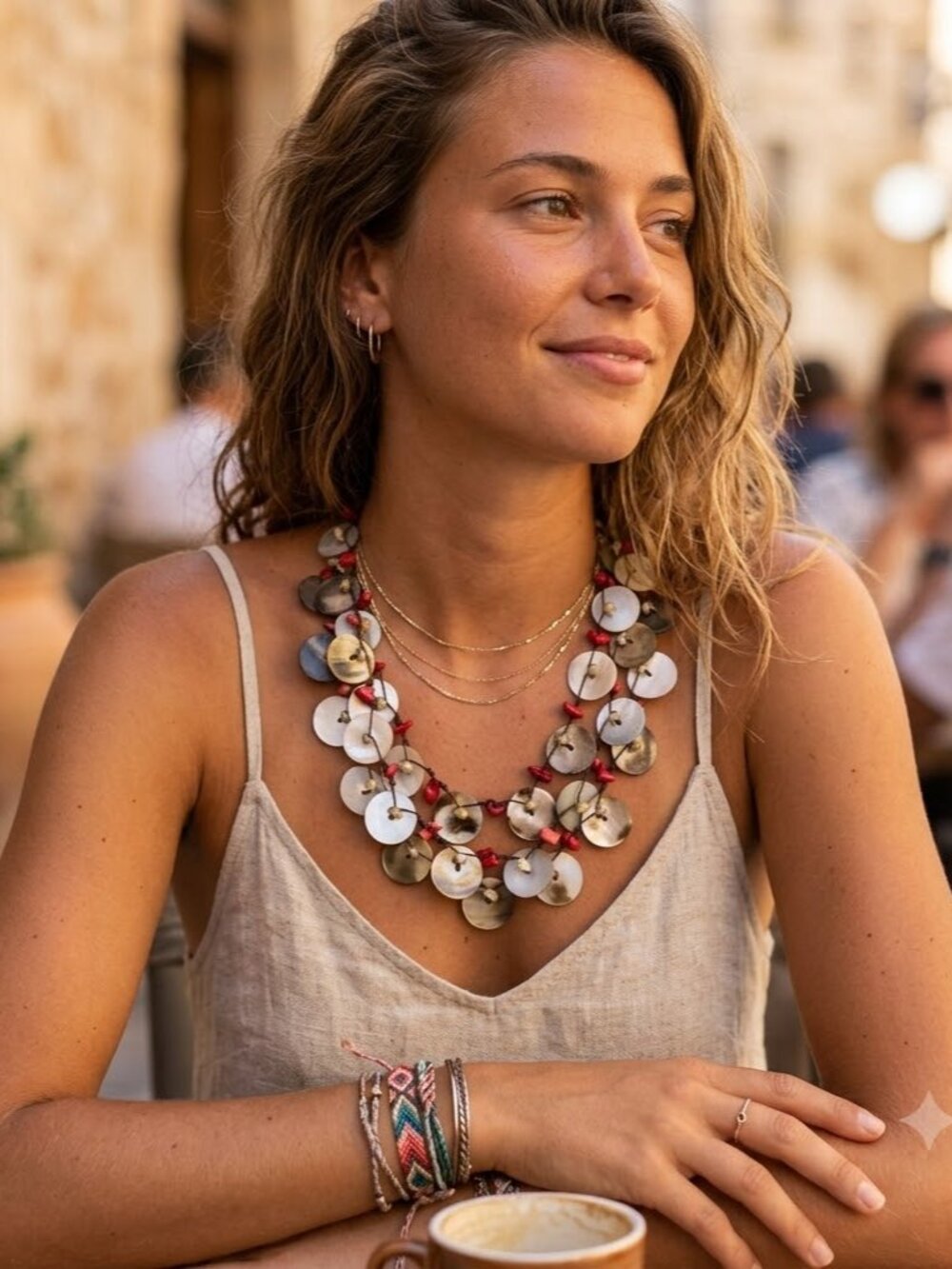 Chico's layered shell and stone statement necklace coral gray multi strand